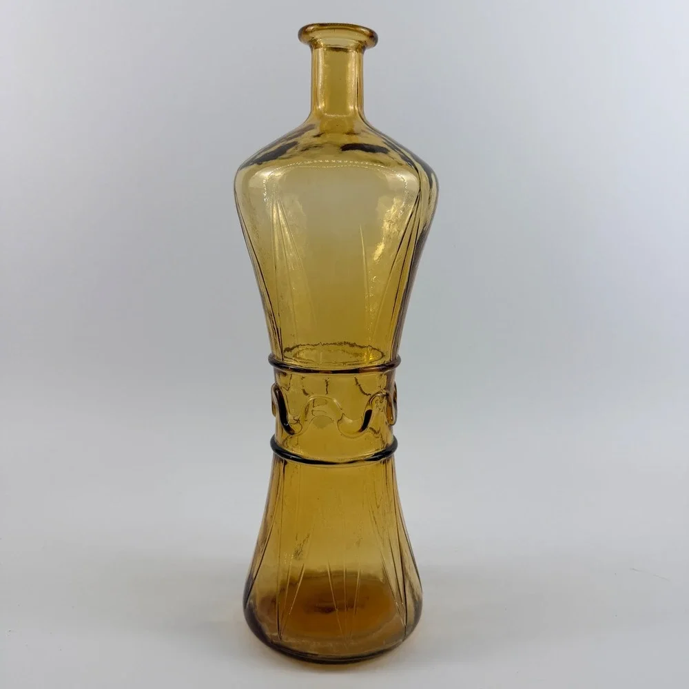 Vintage Empoli Italian Amber Glass Decanter Bottle Applied Ribbon Waist